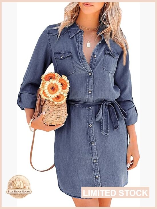 Dresses & Skirts - Denim Shirt Dress Casual Button Down Tie Waist Long Sleeve Midi Wrap Style